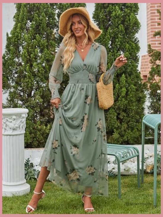 Floral Maxi Dress V Neck Puff Long Sleeve Flowy Casual Wedding Guest - Picture 5 of 7